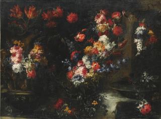 Margherita Caffi - An Ornate Still Life With Flowers In Vases On A Stone Ledge