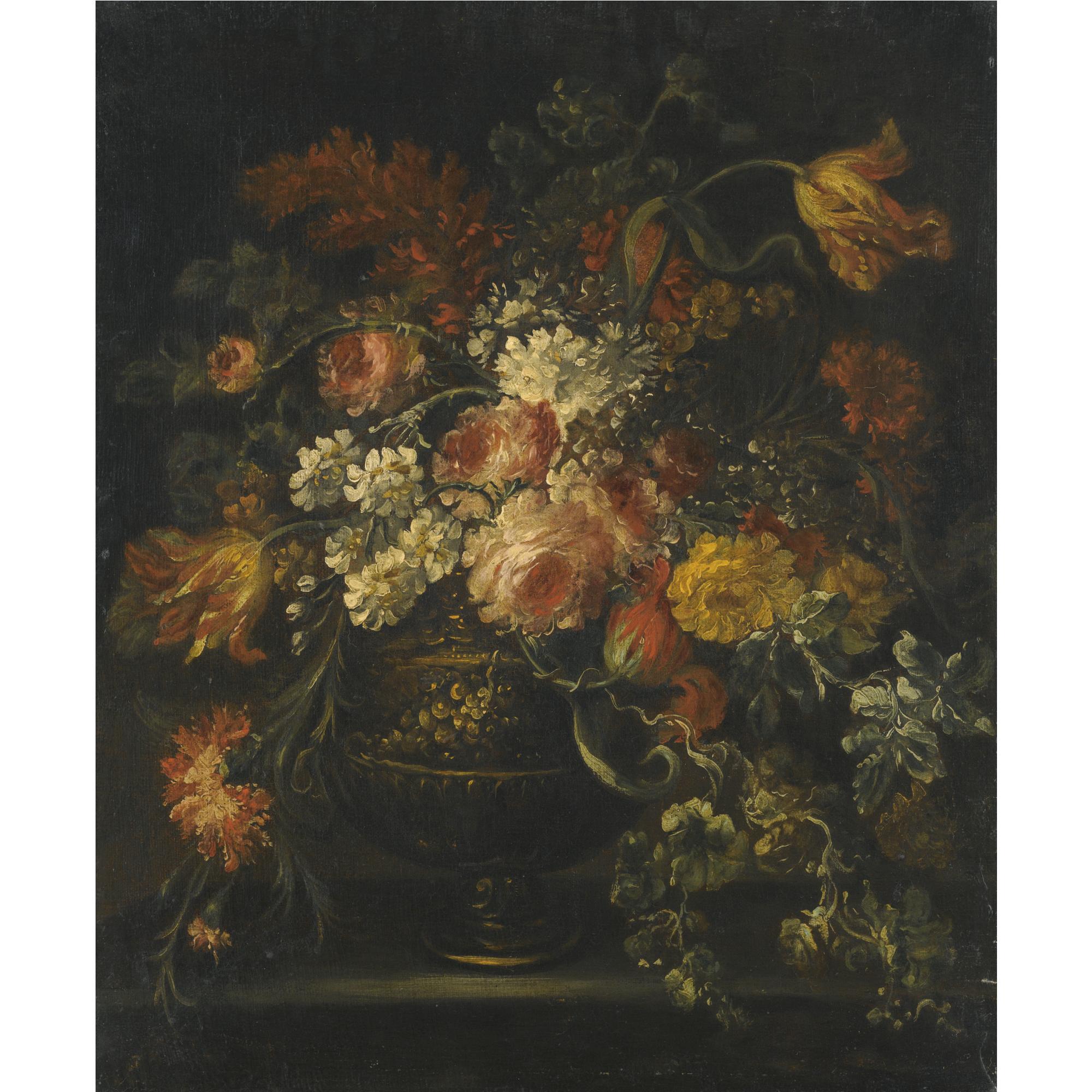 Margherita Caffi - Still Life Of Roses, Parrot Tulips And Other Flowers In A Brass Urn Upon A Ledge