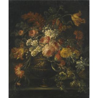 Margherita Caffi - Still Life Of Roses, Parrot Tulips And Other Flowers In A Brass Urn Upon A Ledge