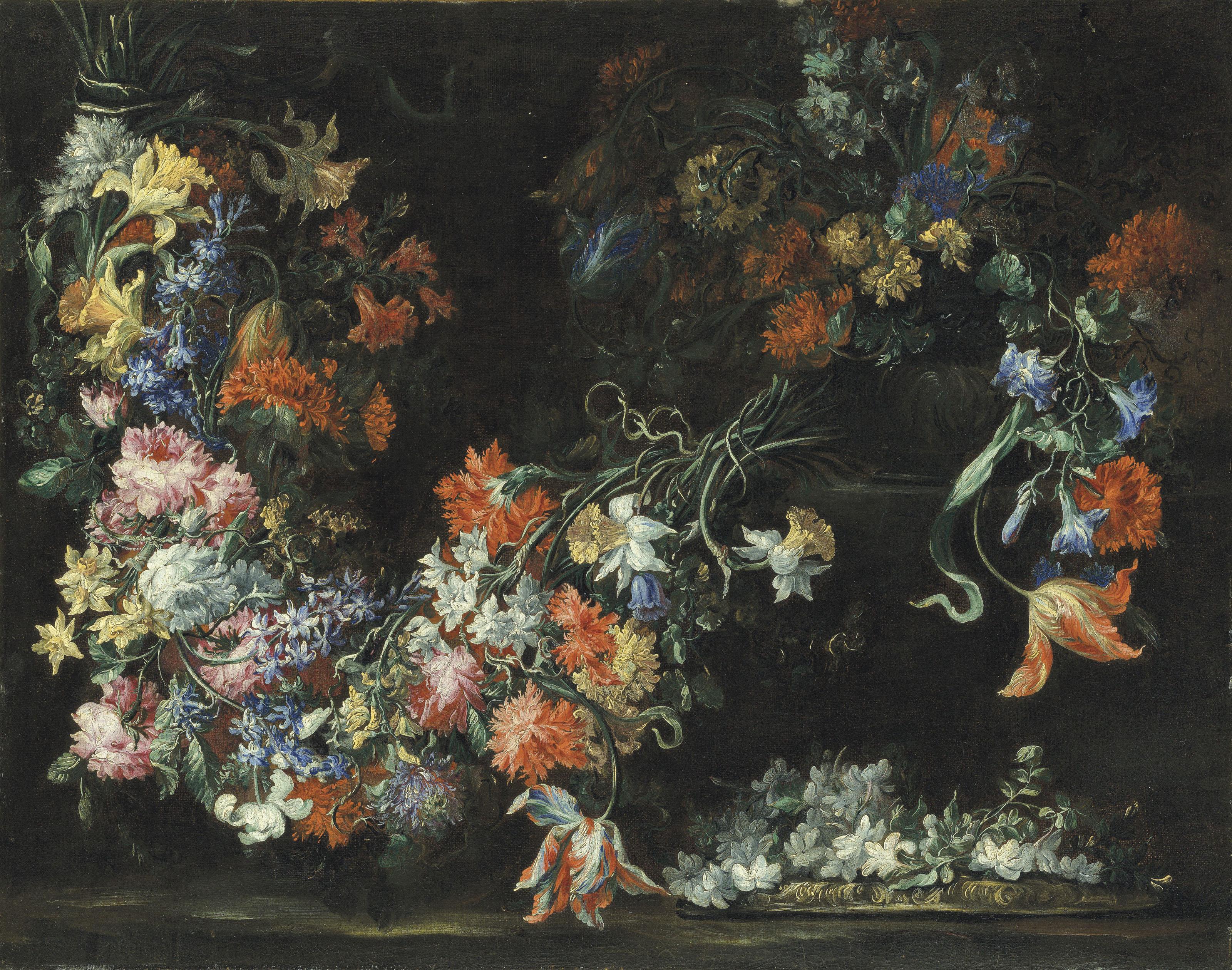 Margherita Caffi - Swathes of flowers in urns on a ledge