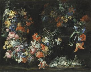 Margherita Caffi - Swathes of flowers in urns on a ledge