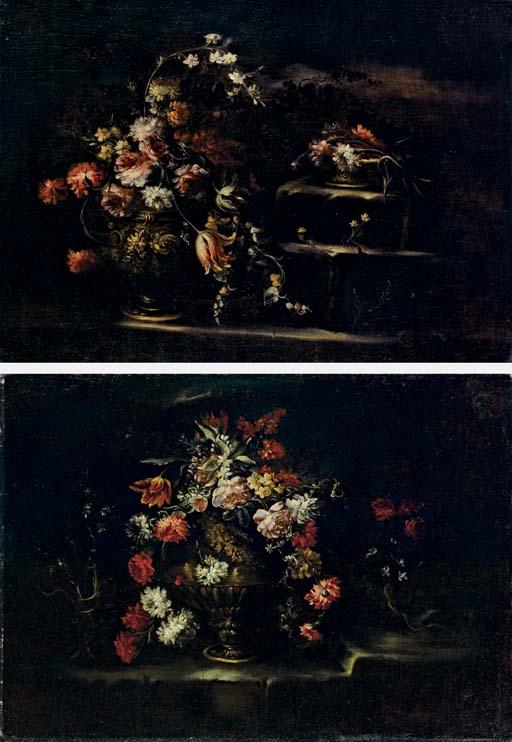 Margherita Caffi - Tulipani, rose, gelsomini e narcisi in un vaso, en plein air; e Rose in un vaso, en plein air