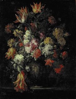 Margherita Caffi - Tulips, carnations and other flowers in an urn on a ledge