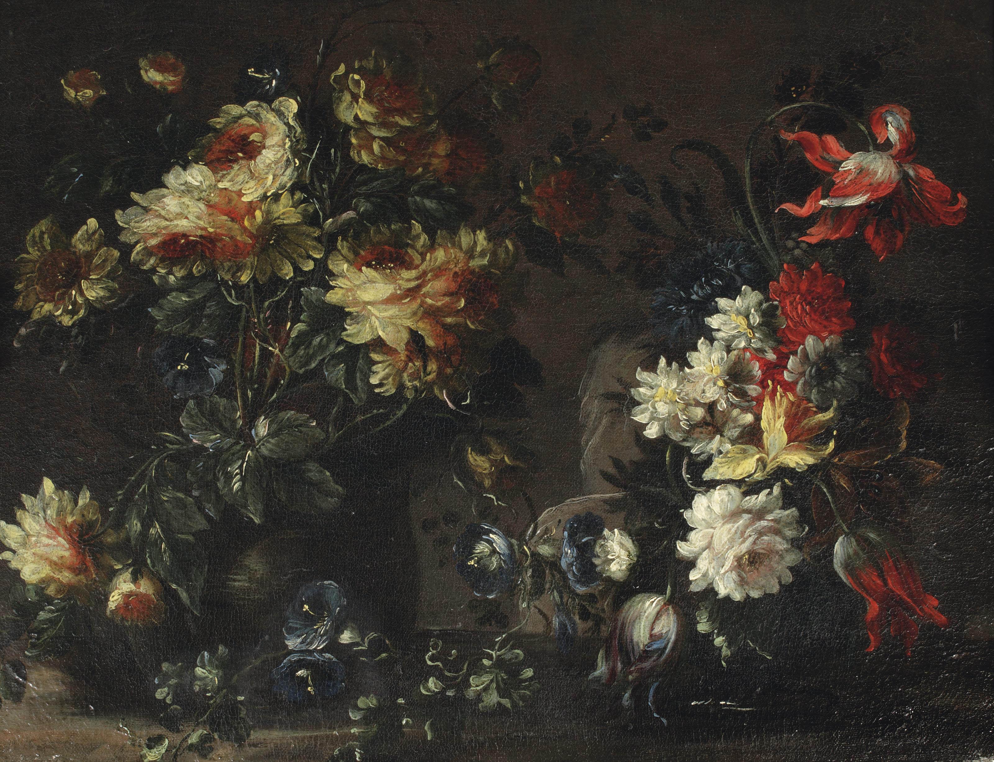 Margherita Caffi - Tulips, roses and other flowers in two vases on a ledge