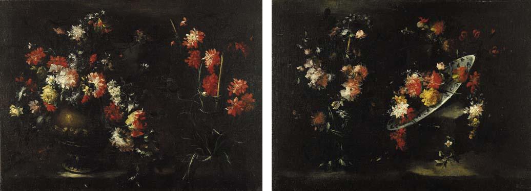 Margherita Caffi - Vaso di fiori e un bicchiere con garofani su un piano di pietra en plein air Ghirlanda di fiori e un piatto di ceramica su un piano di pietra en plein air