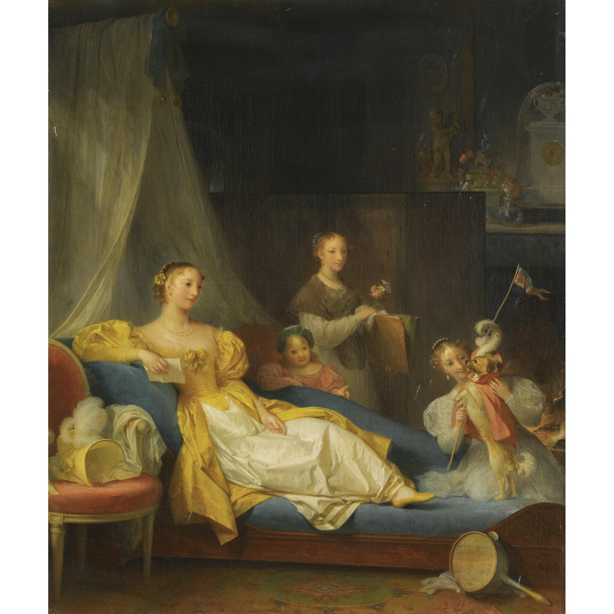 Marguerite Gérard - A Family In An Interior Playing With A Dog