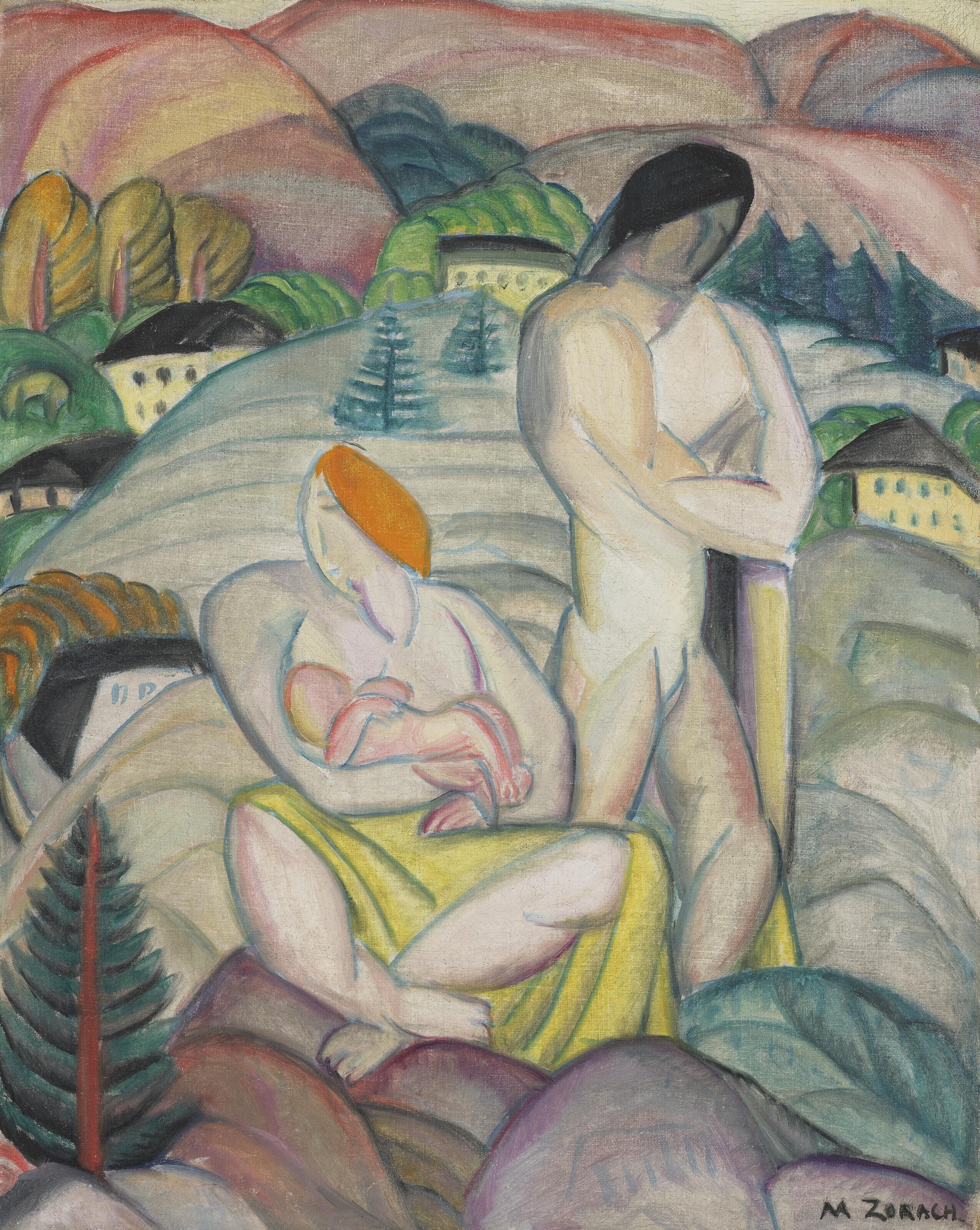 Marguerite Thompson Zorach - The Zorach Family in a Landscape and Floral Still Life: A Double-Sided Painting