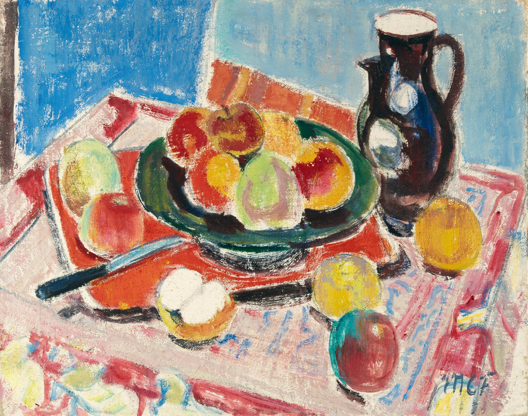 Maria Caspar-Filser - Obststillleben mit rotem Tablett und schwarzem Krug