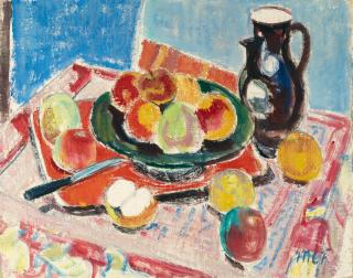 Maria Caspar-Filser - Obststillleben mit rotem Tablett und schwarzem Krug