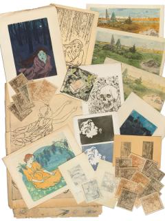 Maria Iakunchikova - A group of twenty-three etchings including Fear, Scent, Unattainable, The village cemetery, Irreparable, Death and flowers, Chapel in Nara and A quay in an old Western town