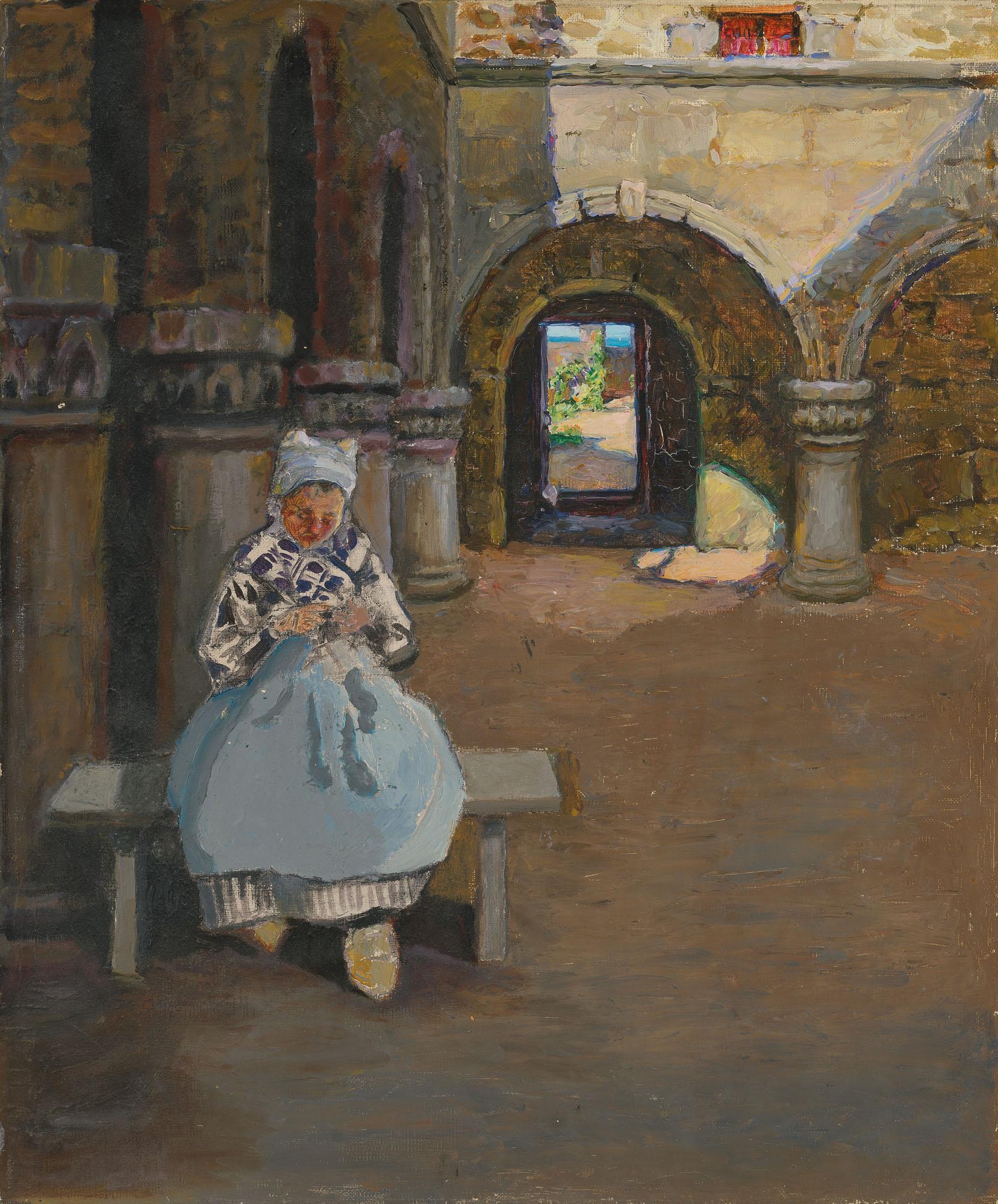 Maria Iakunchikova - Church interior; and Girl in a blue apron seated on a bench