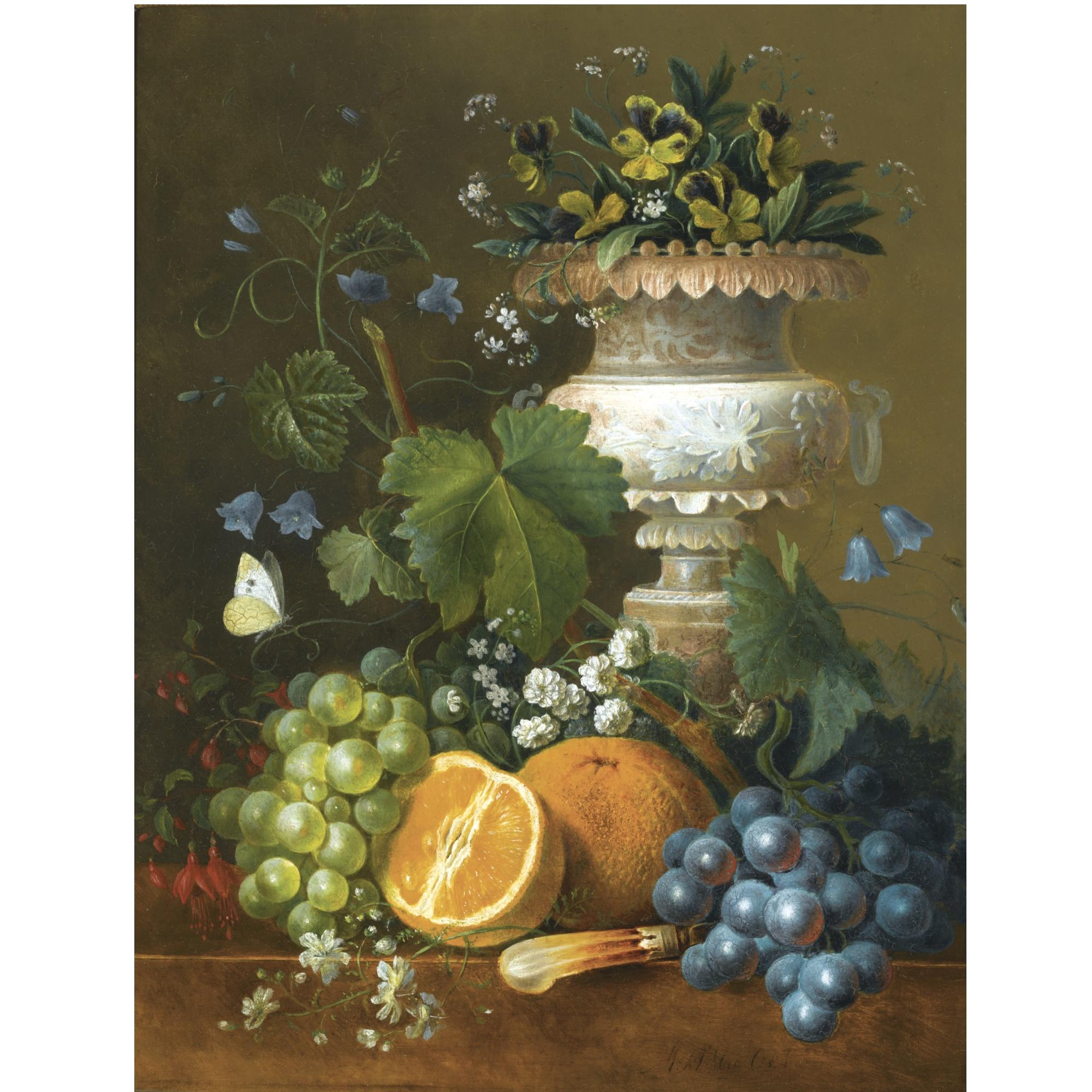 Maria Margrita Van Os - Dutch  A Still Life With Violets, Grapes And Oranges On A Ledge