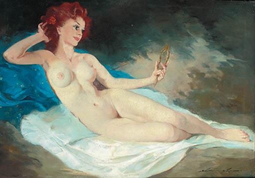 Maria Szantho - A reclining female nude looking at herself in a mirror