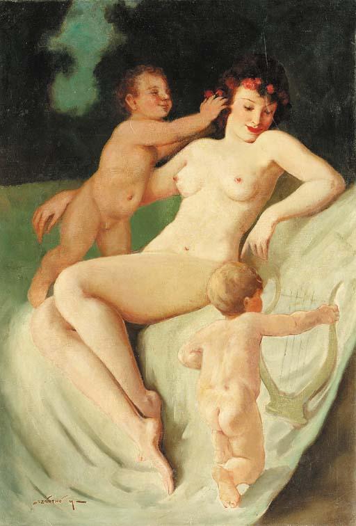 Maria Szantho - Reclining beauty with putti