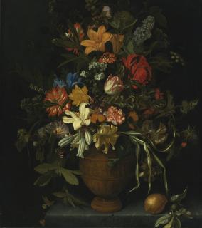 Maria Van Oosterwijck - A Floral Still Life With Yellow And White Lilies, An Iris, A Sunflower, A Narcissus, Carnations And Other Flowers In A Terracotta Vase, Placed On A Ledge With A Lemon, A Lime And A Butterfly