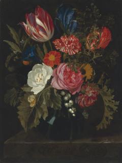 Maria Van Oosterwijck - Still Life Of Roses, Carnations, A Tulip And Other Flowers In A Glass Vase