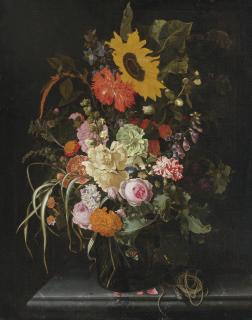 Maria Van Oosterwijck - Still Life Of Roses, Carnations, Marigolds And Other Flowers With A Sunflower And Striped Grass, In A Glass Vase With A Knife And String Upon A Marble Ledge