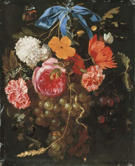 Maria Van Oosterwyck - A poppy, a snowball, pink and yellow roses, carnations, grapes, blackberries, an ear of wheat and sprigs of oak and holly suspended by a ribbon from a nail, with a Red Admiral, a Cabbage White, a grasshopper and a spider