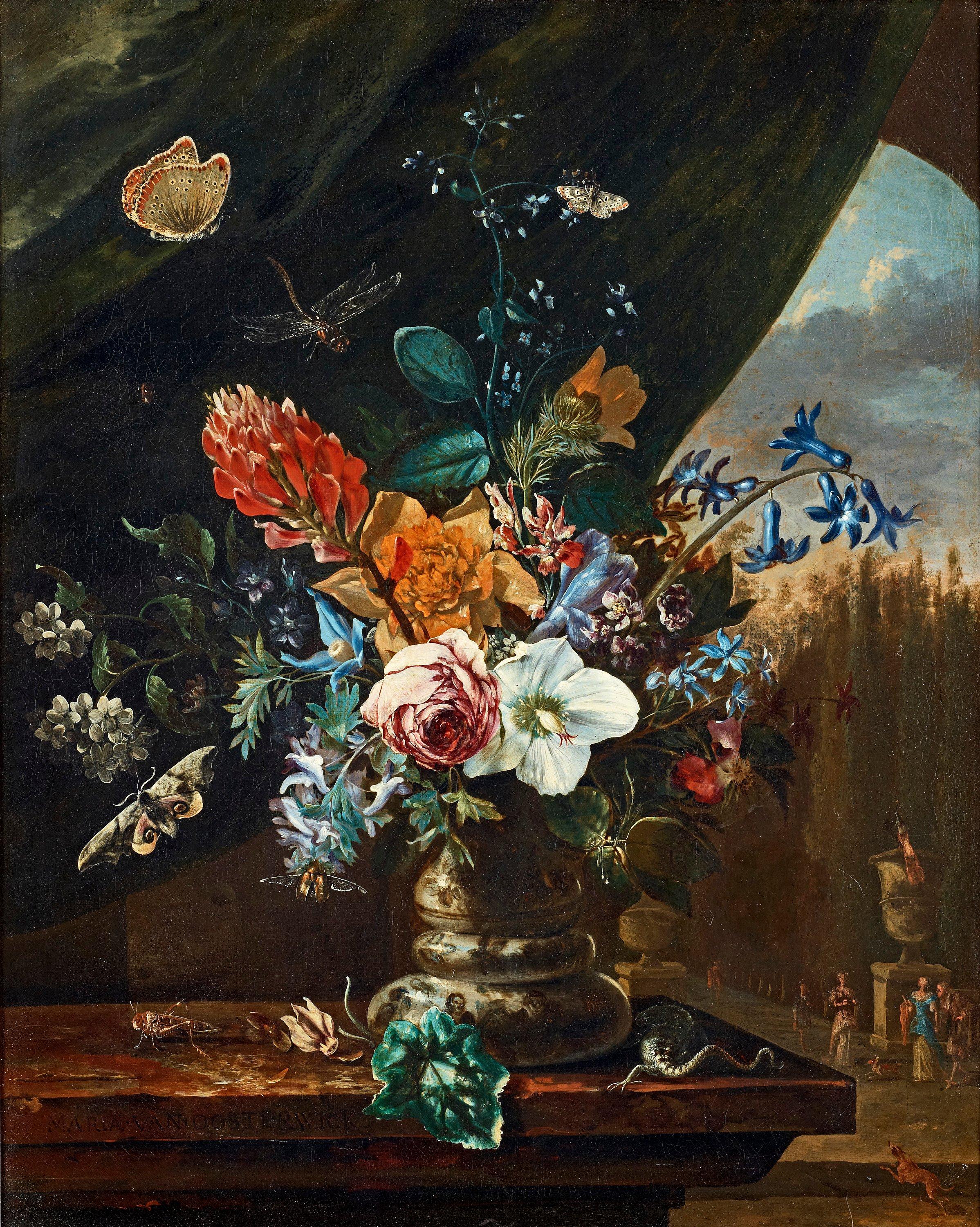 Maria van Oosterwyck - Still life with flowers, insects and lizzard