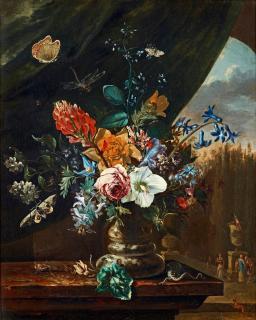 Maria van Oosterwyck - Still life with flowers, insects and lizzard