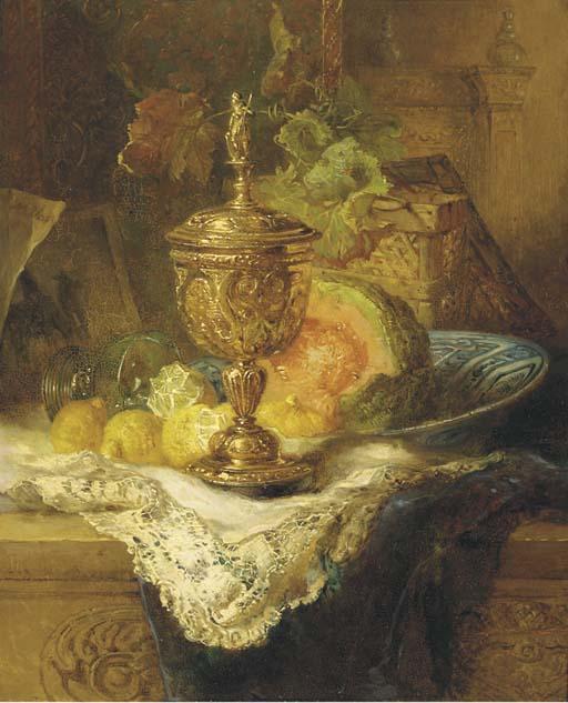 Maria Vos - Fruits and a gilt auricular cup and cover on a ledge