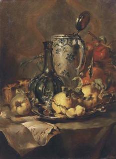 Maria Vos - Quince Pears On A Silver Plate With A Glass Bottle And Earthenware Tankard