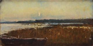 Maria Wiik - Skymningslandskap med uppdragen båt