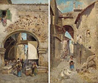 Mariano De Franceschi - A market scene; and Driving the ducks to market