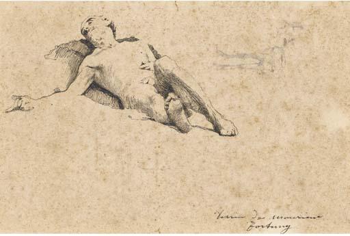 Mariano Fortuny Y Marsal - Homme Nu Allongé Et Une Étude Subsidiaire D\'Un Cheval Attelé