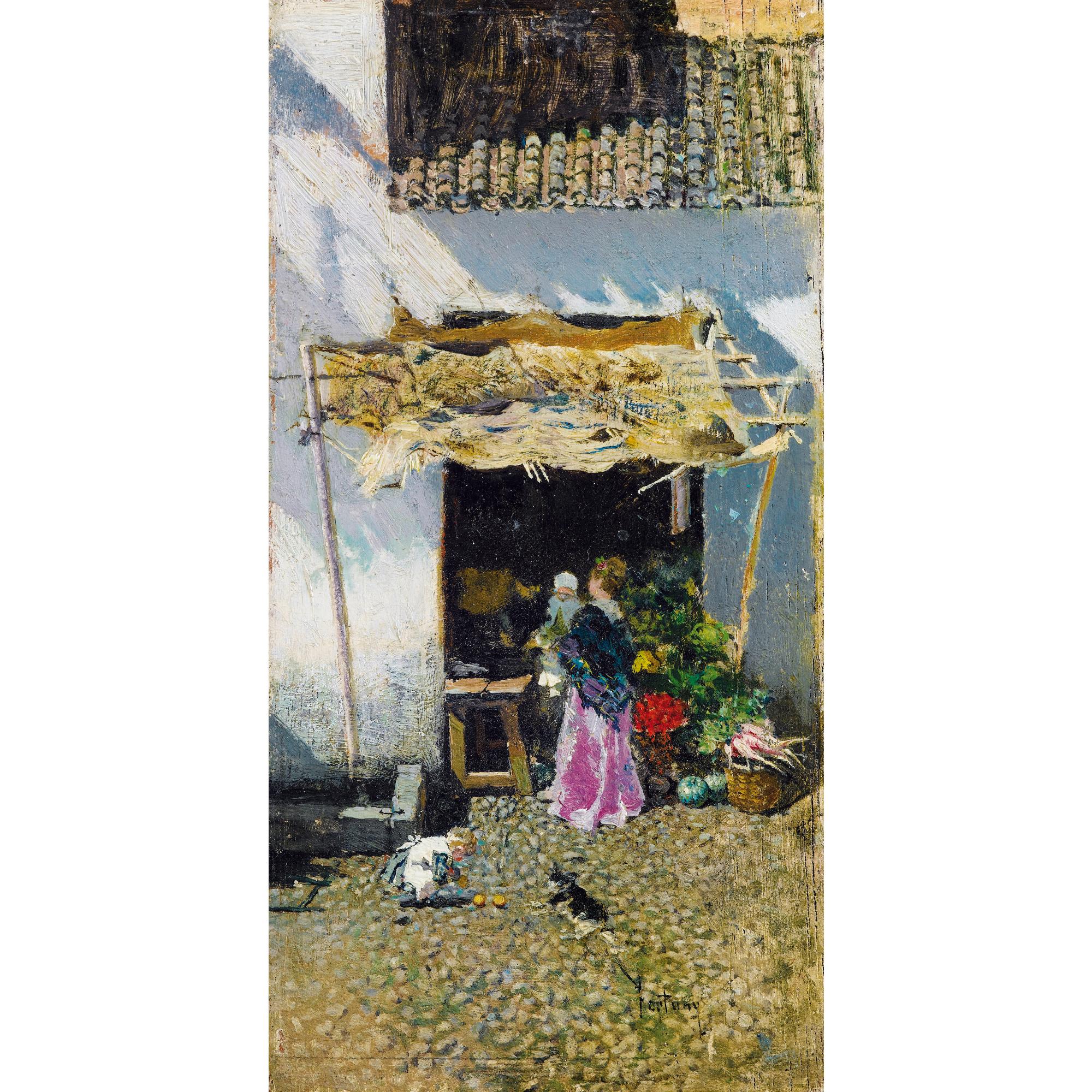 Mariano Fortuny Y Marsal - Jeune Femme À La Jupe Lilas, Devant Une Échoppe De Légumes 