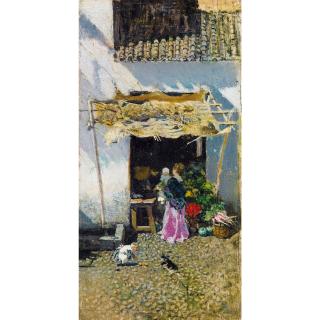 Mariano Fortuny Y Marsal - Jeune Femme À La Jupe Lilas, Devant Une Échoppe De Légumes 