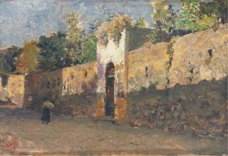 Mariano Fortuny y Marsal - Une passante le long du mur d\'un parc à Rome