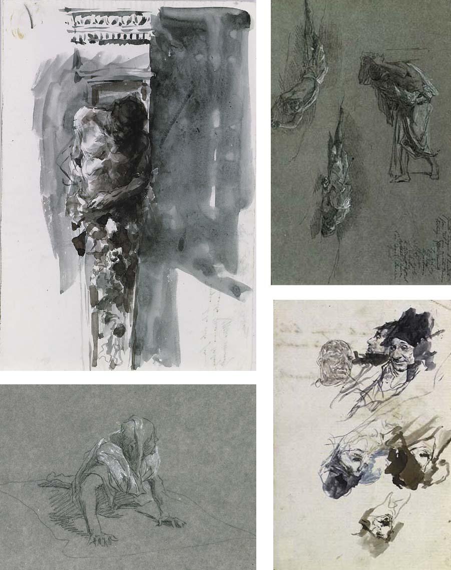 Mariano Fortuny - A sketchbook including a selection of 14 bozzetti (recto and verso of the sheets), of which 6 on sepia paper, 7 on white paper, and 1 on fine tracing paper.