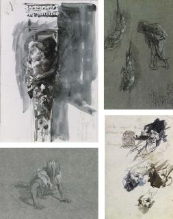 Mariano Fortuny - A sketchbook including a selection of 14 bozzetti (recto and verso of the sheets), of which 6 on sepia paper, 7 on white paper, and 1 on fine tracing paper.