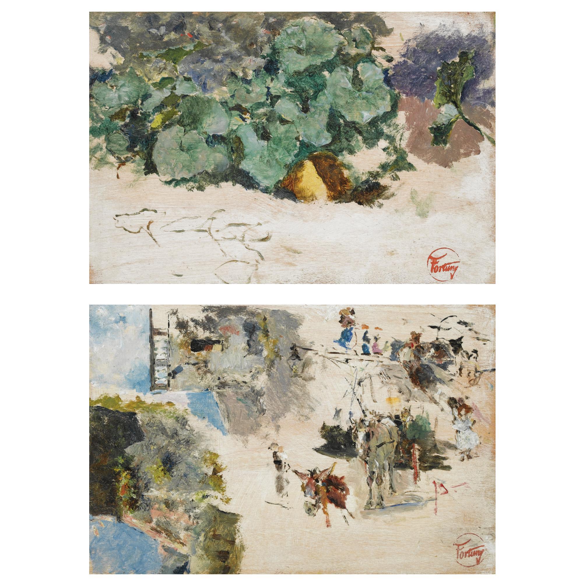 Mariano Fortuny - Dos Estudios: Hojas; Caballos Con Figuras (Two Studies: Foliage; Horses And Figures)