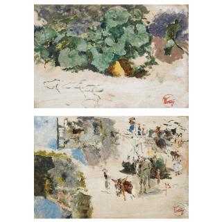 Mariano Fortuny - Dos Estudios: Hojas; Caballos Con Figuras (Two Studies: Foliage; Horses And Figures)
