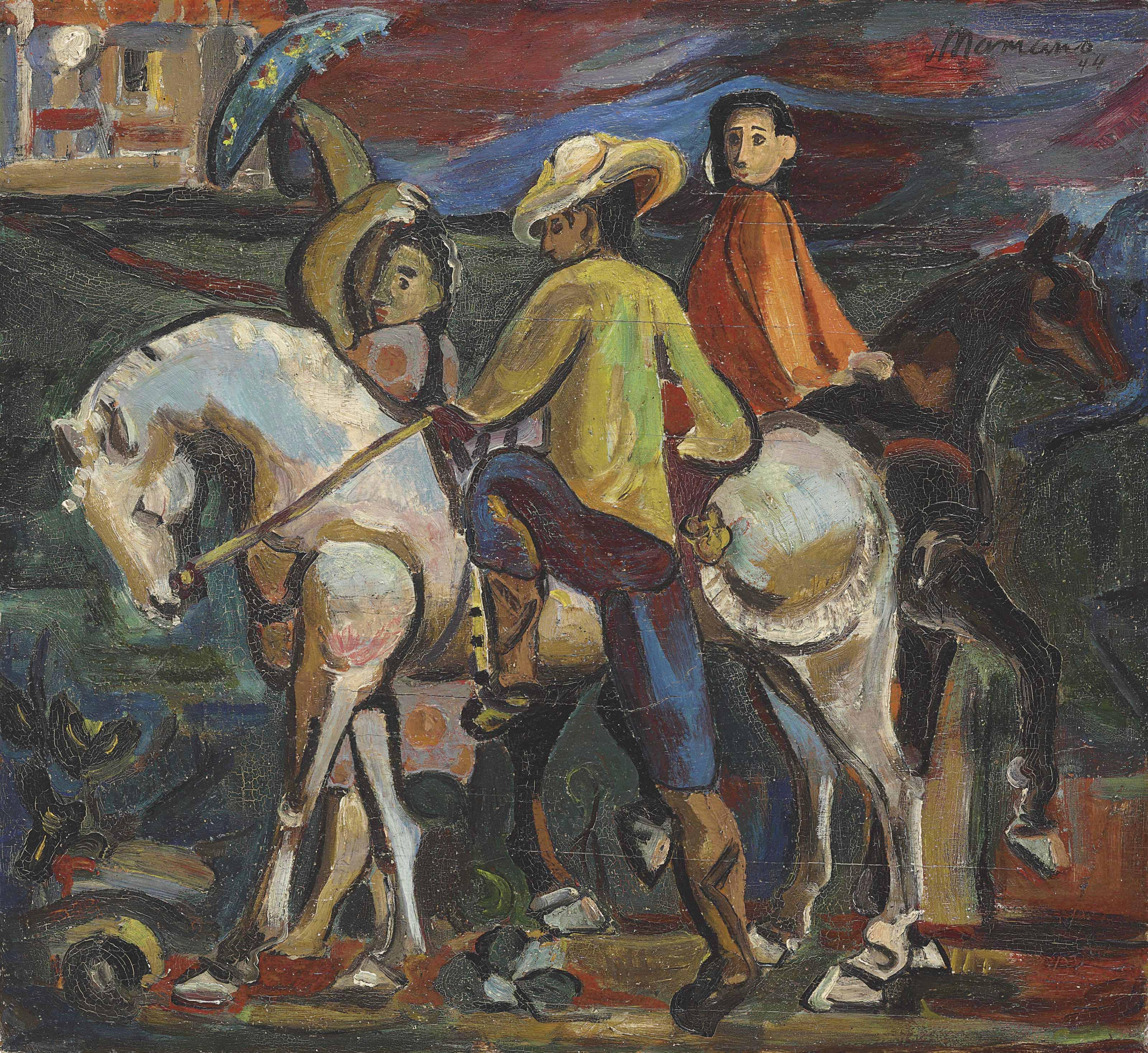 Mariano Rodríguez - Guajiros a caballo y mujer con sombrilla