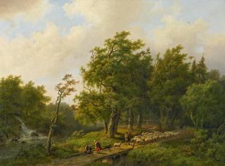 Marianus Adrianus Koekkoek - Schäfer mit seiner Herde auf einer Brücke am Waldbach.