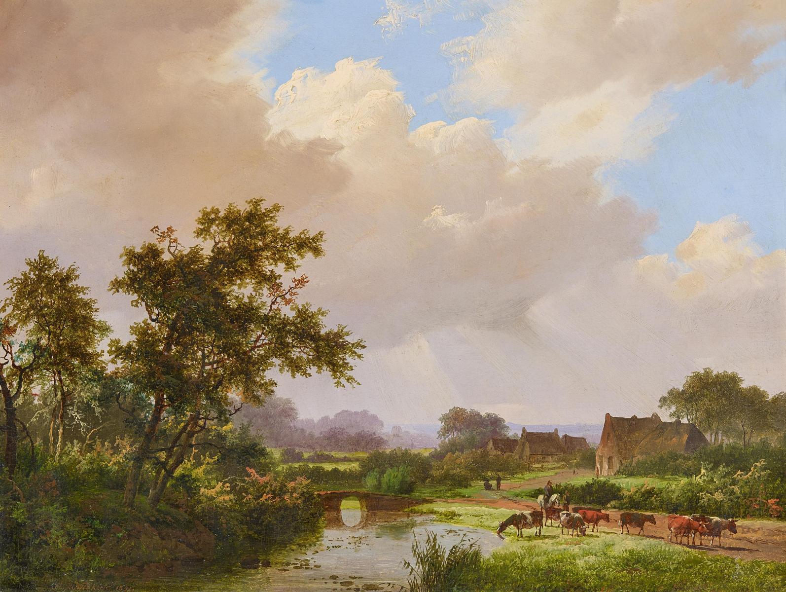 Marianus Adrianus Koekkoek - Weite holländische Landschaft mit Kühen an der Furt