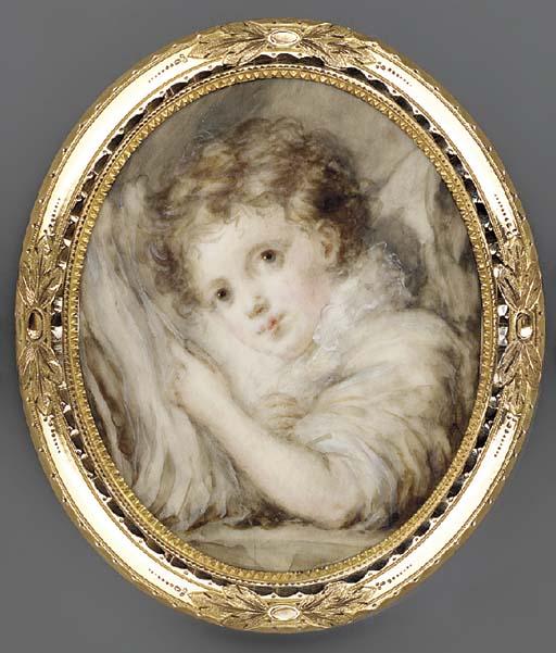 Marie-Anne Fragonard - A young boy, leaning his head on an open book, in white dress with frilled collar, short curly brown hair