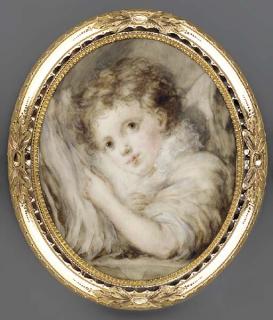 Marie-Anne Fragonard - A young boy, leaning his head on an open book, in white dress with frilled collar, short curly brown hair