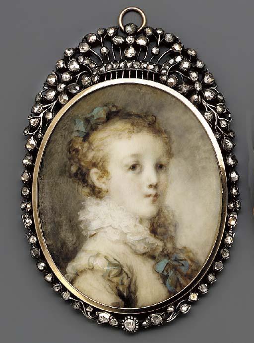 Marie-Anne Fragonard - A young lady, facing right in pale cream dress with blue ribbon and frilled collar, blue ribbon in her curling fair hair