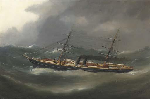 Marie-Edouard Adam of Le Havre - A P. & O. steamer reefed down in heavy seas