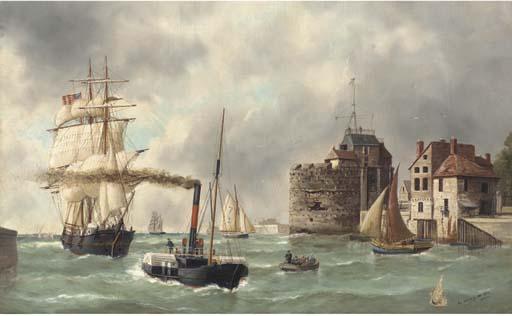 Marie-Edouard Adam Of Le Havre - An American clipper being towed into Le Havre with the pilot cutter standing by