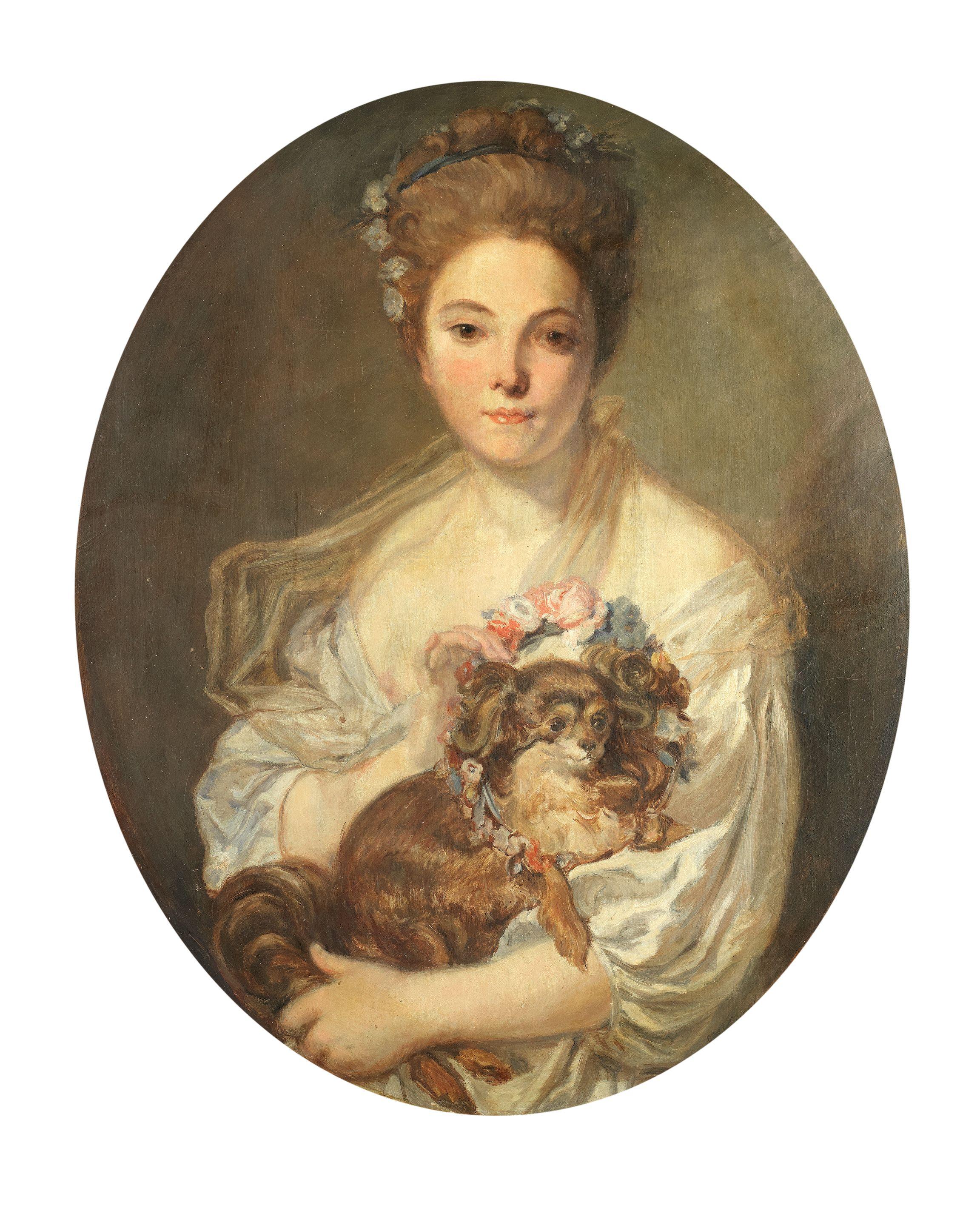 Marie Félix Hippolyte-Lucas - Portrait Of A Young Lady With A Toy Spaniel Painted Area (Oval)