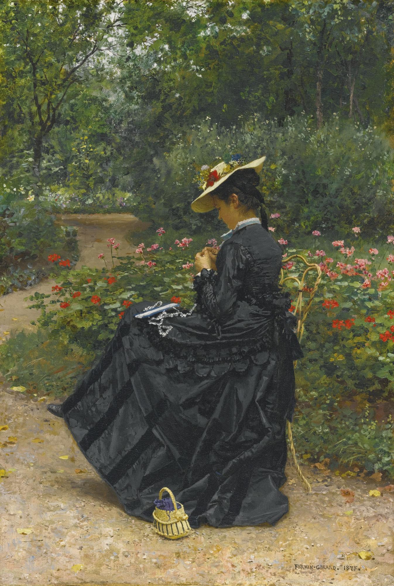 Marie-François Firmin-Girard - French woman Sewing In A Garden