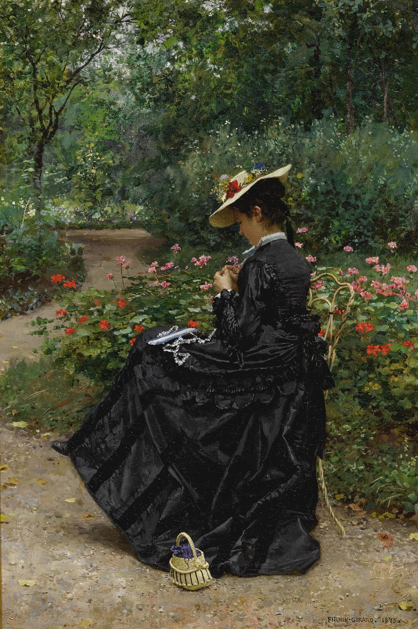 Marie-François Firmin-Girard - French woman Sewing In A Garden 