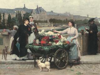 Marie-François Firmin-Girard - The Flower Seller On The Pont Royal With The Louvre Beyond, Paris