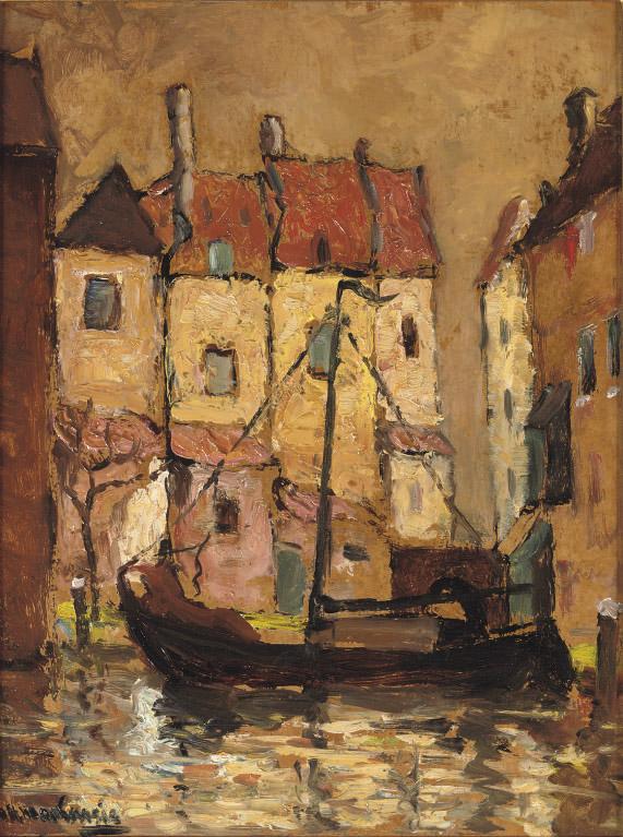 Marie Henri MacKenzie - A moored boat in the harbour near De Bocht, Enkhuizen