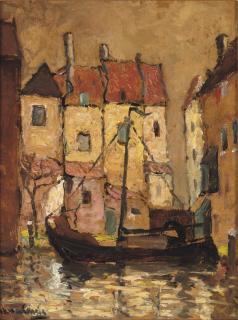Marie Henri MacKenzie - A moored boat in the harbour near De Bocht, Enkhuizen